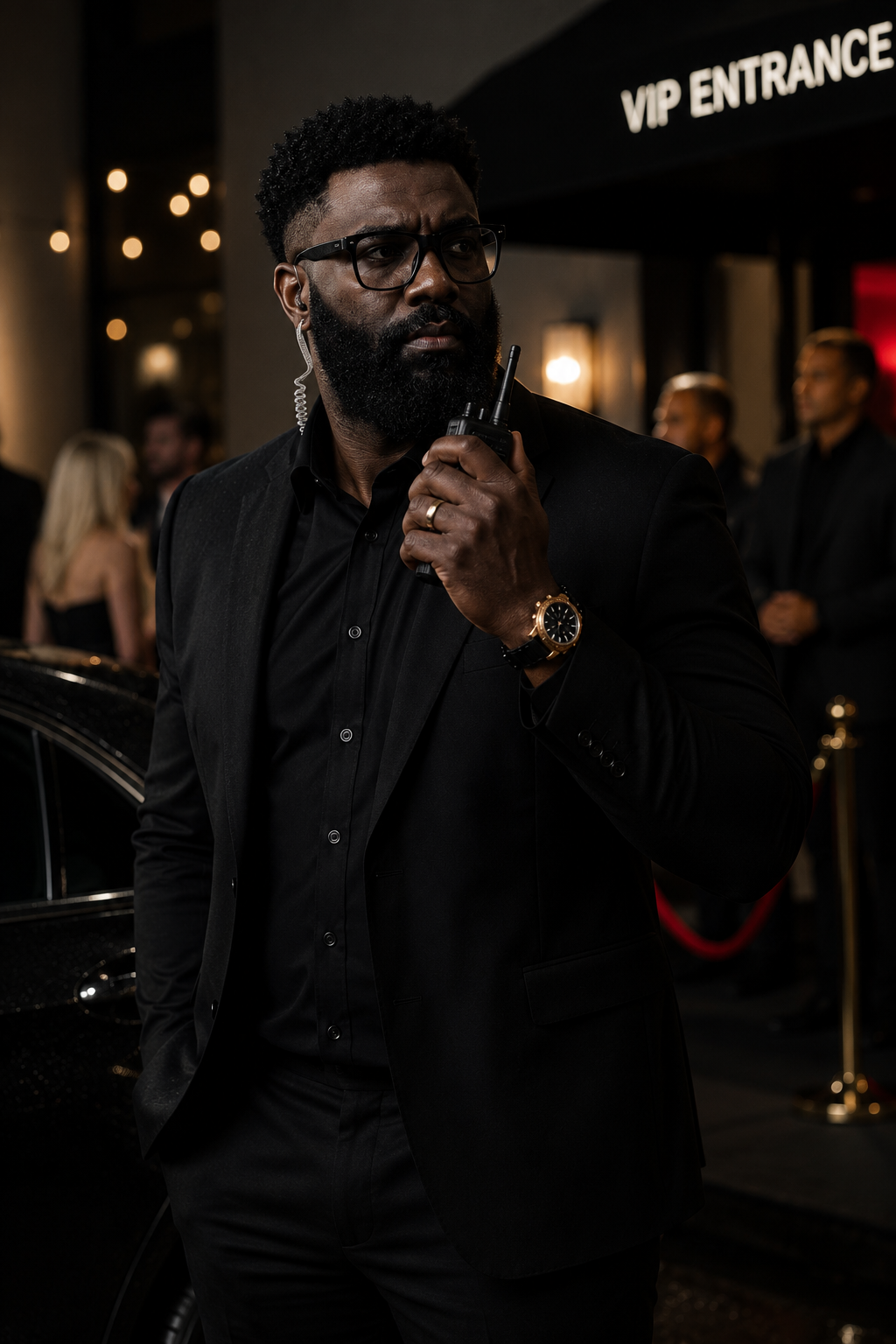 Professional security executive at the entrance of a luxury venue