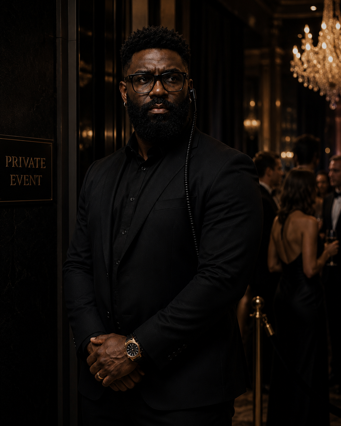 Discreet protection agent in a black tuxedo watching over an elegant private gala