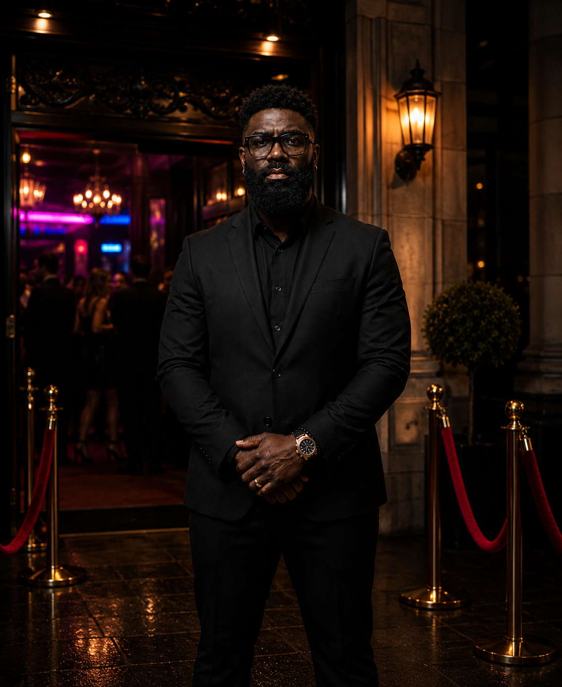 Protection agent at the velvet-rope entrance of an upscale venue