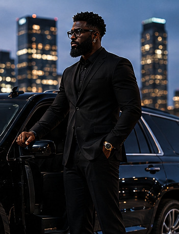 Executive transport — curbside posture, city backdrop